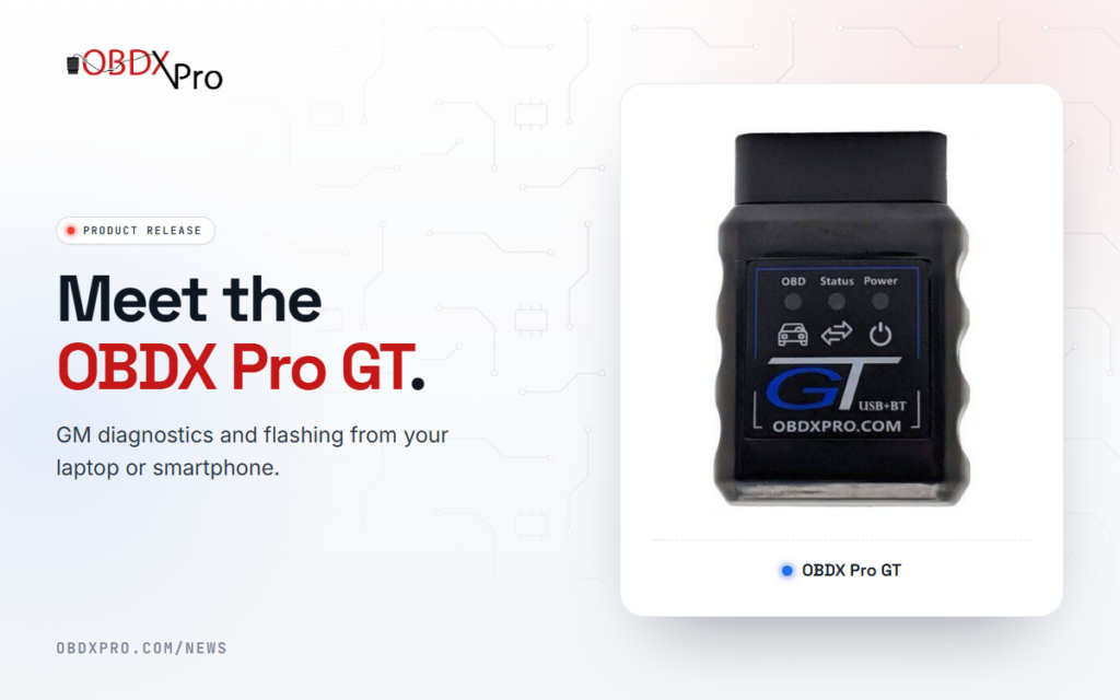The OBDX Pro GT turns your laptop or smartphone into a GM diagnostic scanner, with J2534 and D-PDU support for dealership software.