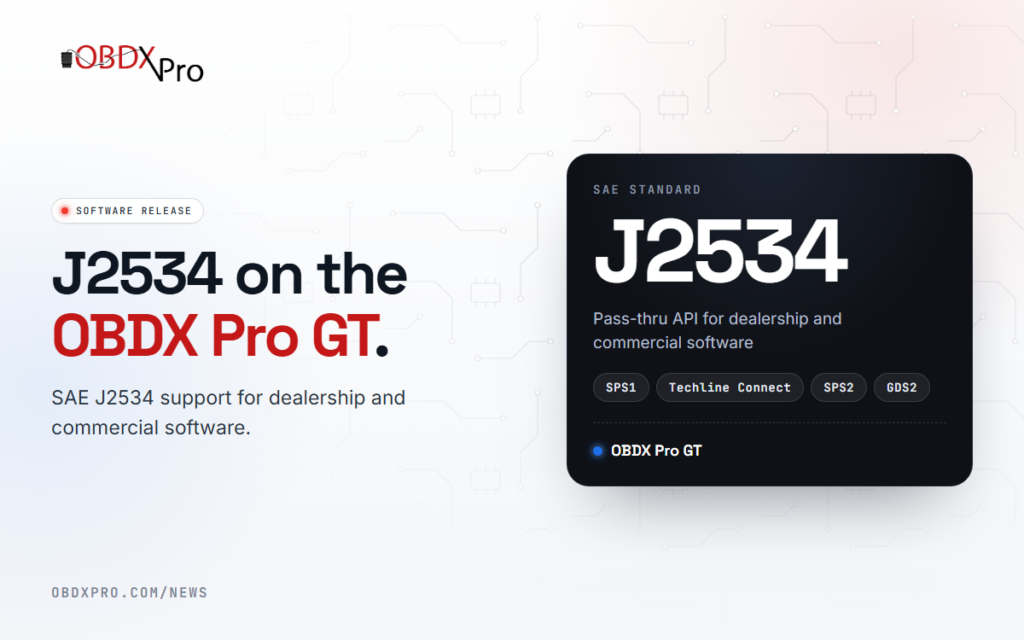 SAE J2534 is now supported on the OBDX Pro GT, for dealership and commercial software such as GM's SPS, Techline Connect and GDS2.